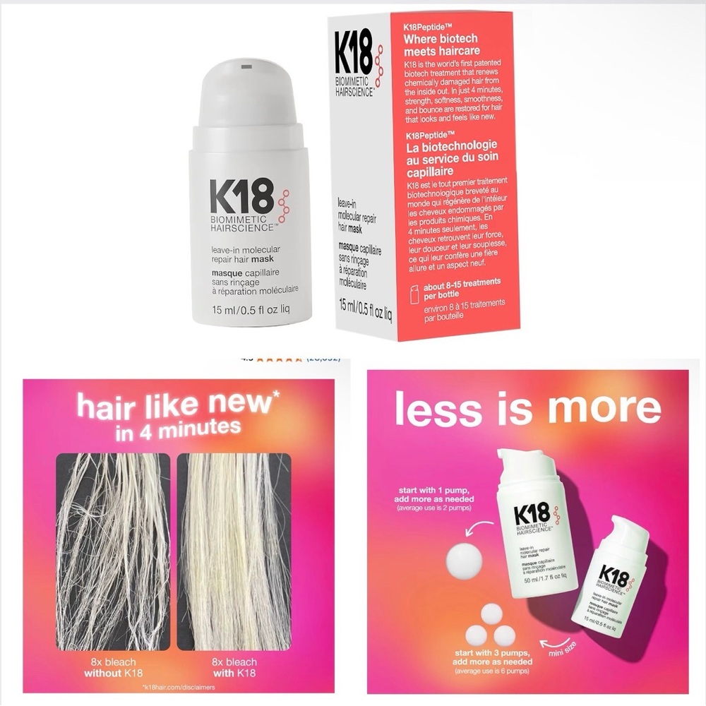 K18 Leave-In Molecular Repair Hair Mask, Patented, Lasting Repair